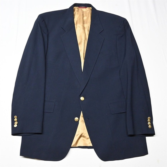 Vtg Hart Schaffner Marx 46L‎ Navy Blue Gold Button Blazer Suit Jacket Sport Coat - Picture 1 of 12